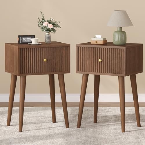 Small Walnut Nightstand Set of 2 with Fluted Drawers and Wood Legs