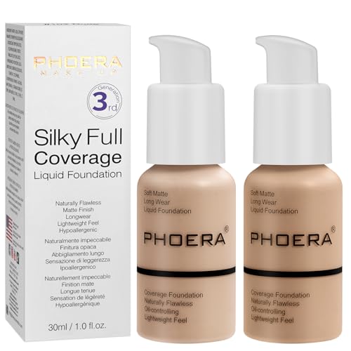 PHOERA Foundation, PHOERA Matte Liquid Foundation,PHOERA Makeup for Women, PHOERA Foundation Full Coverage Concealer, 30ml 24HR Matte Oil Control Concealer (102+104/ Nude+Buff Beige)