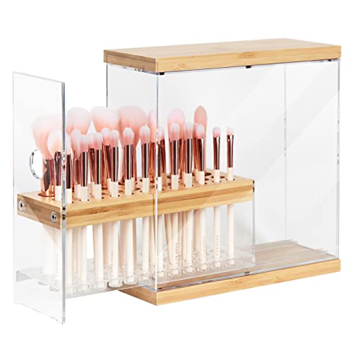 Transparent Acrylic & Bamboo Brush Holder Organizer with Leather Drawer - 31 Holes