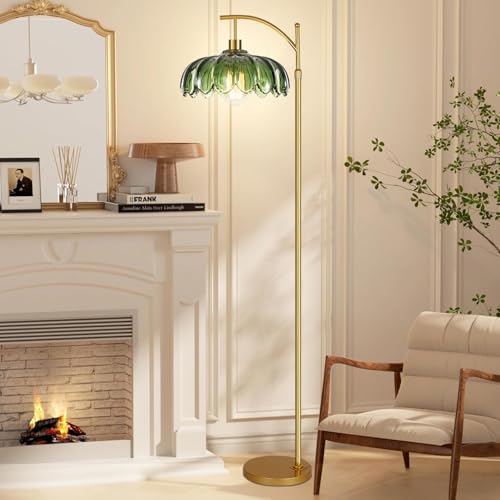 Green Glass Floor Lamp with Remote Control & Dimmable Features - Vintage Brass Standing Lamp, 65-70 Inches, Mid-Century Modern Design