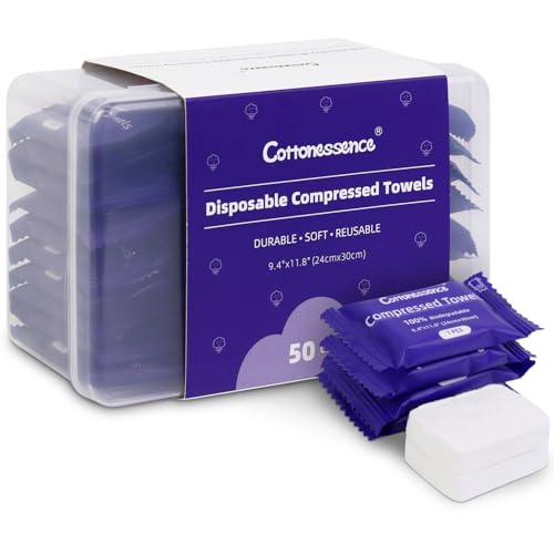 Premium Compressed Towels (50 Pack)-9.4" x 11.8", Portable Cotton Coin Tissues, Disposable Washcloths, Face Towels for Travel, Beauty, Camping, Hiking, Outdoor Activities