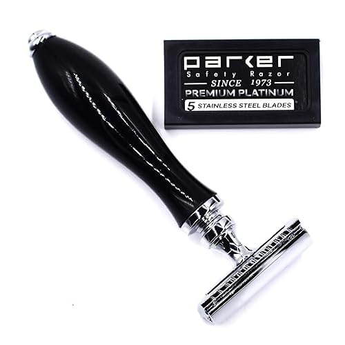 Parker 111B Ebony Handle Three?Piece Double?Edge Safety Razor ? Elegant Weighted Scratch?Resistant Shaving Razor with Premium Blades