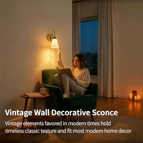Hardwired Ceramic Wall Sconces Set of 2 with Pull Chain - Curve Arm Design