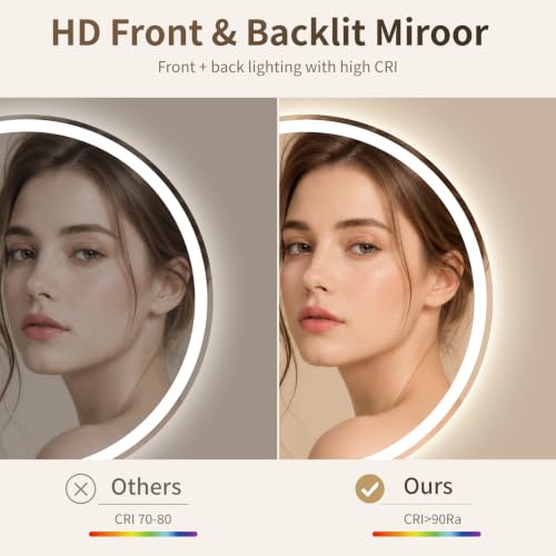 20 Inch Round Frameless LED Bathroom Mirror with Lights & Anti-Fog - Dimmable 3 Color Temp