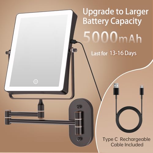 FASCINATE 5000mAh Rechargeable Wall Mounted Makeup Mirror, 8.7" Double Sided Touch Switch 1X 30X Rectangle Wall Mounted Magnifying Mirror with Light, 3 Color Setting, Extended Arm 360¡Æ Foldable Bronze