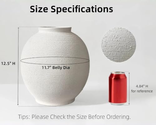 13-Inch White Ceramic Vase - Oval Sandstone Finish, Large Farmhouse Decor