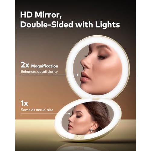 llano Compact Mirror, Lighted Travel Makeup Mirror with 1X/2X Magnifying Double Sided Dimmable Portable Pocket Mirror for Handbag and Pocket,Foldable Compact Mirror 3.6"L x 0.8"W, USB Charging(Yellow)