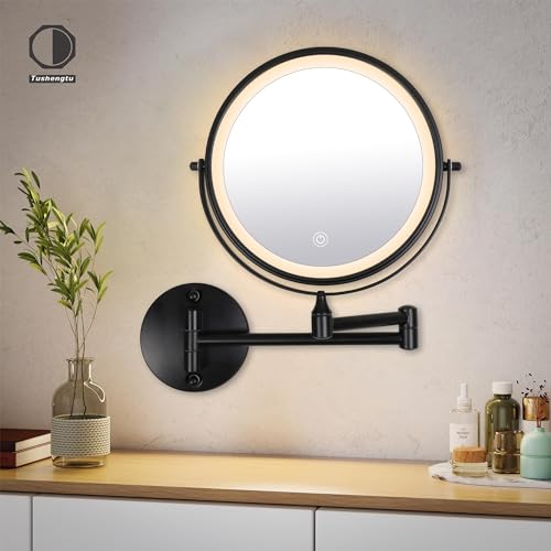 9" Large Black Wall Mount Magnifying Mirror With Light, TUSHENGTU 3000mAh Rechargeable Lighted Makeup Vanity Mirror Wall Mounted Swing Arm,10X/1X Magnifying Vanity Mirror for Bathroom 360¡ÆDouble Sided