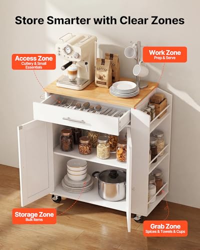 Kitchen Island Cart with Storage and Lockable Wheels - White, 31.3" Wide
