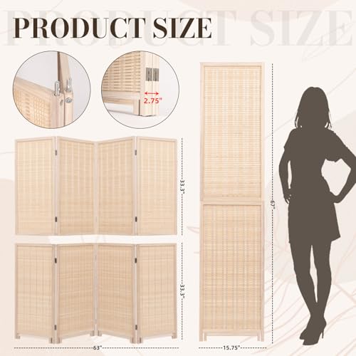 Beige Bamboo Room Divider 67" 4-Panel Freestanding Wall Screen - Detachable & Foldable