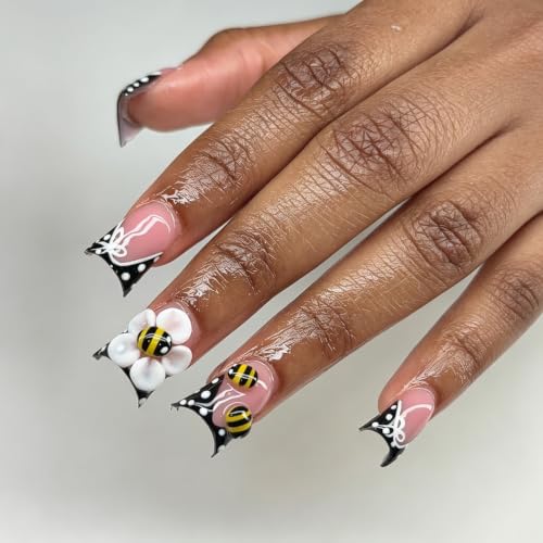 D-409-0 10pcs Short Square Black Red Polka Dot Fake Nails with 3D Bee & Ladybug Designs - Hand Made Flower Stick On Nails Kit for Women
