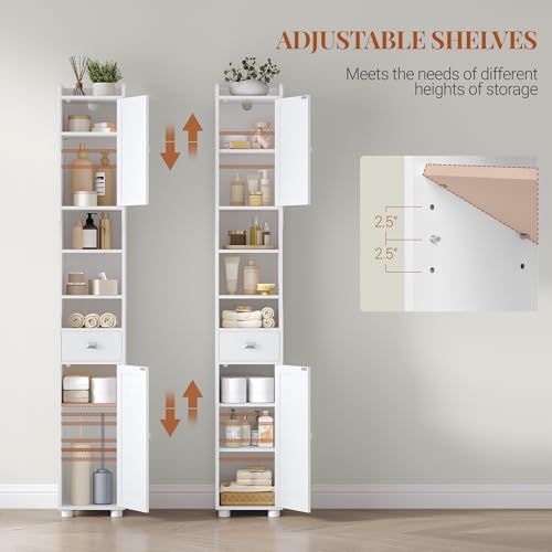 Tall Bathroom Storage Cabinet - White, 11 x 11 x 70.9 Inches, Narrow Floor Cabinet with Doors & Drawer