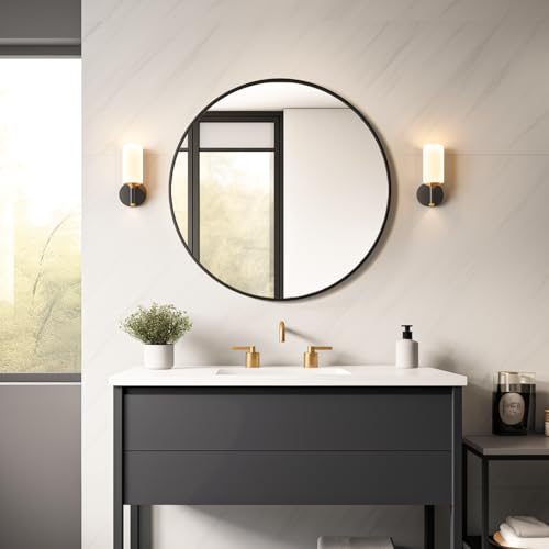 USHOWER 30 Inch Round Bathroom Mirror with Black Frame - Over Sink Vanity Mirror, 30"L x 30"W, Variation: Black / 30"L x 30"W / 1