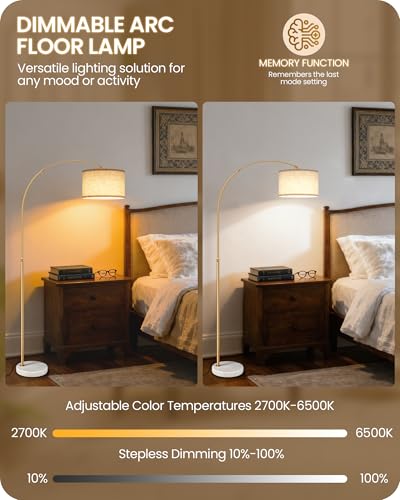 75-Inch Dimmable Gold Arc Floor Lamp with Marble Base - Beige, Adjustable Height, Remote