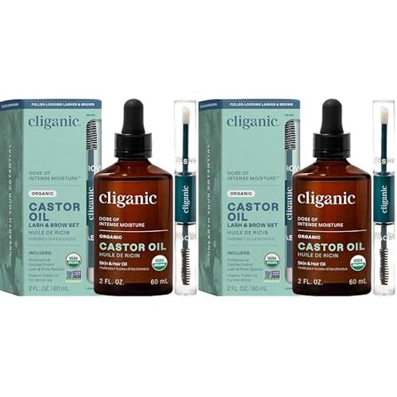 Cliganic Organic Castor Oil, 100% Pure (2oz Glass Bottle with Eyelash Kit) - For Eyelashes, Eyebrows, Hair & Skin (Packaging May Vary) (Pack of 2)