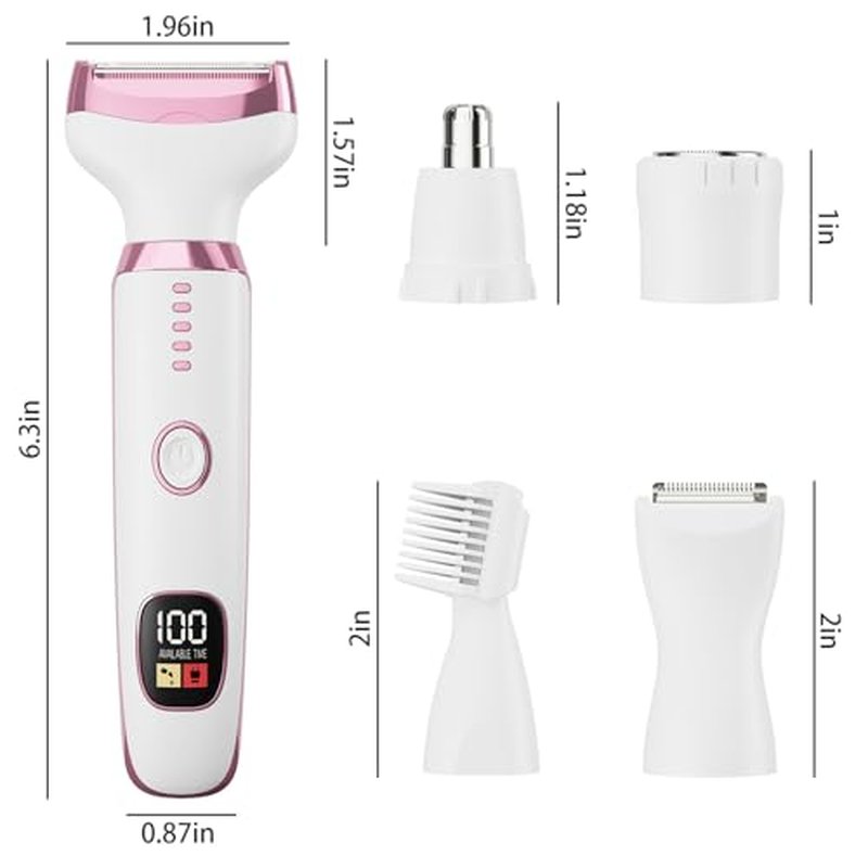 5-in-1 Electric Razor for Women - Bikini Trimmer with LED Display, Painless Hair Removal for Face, Nose, Eyebrows, Arms & Legs - Wet/Dry Rechargeable Shaver for Armpits & Pubic Area