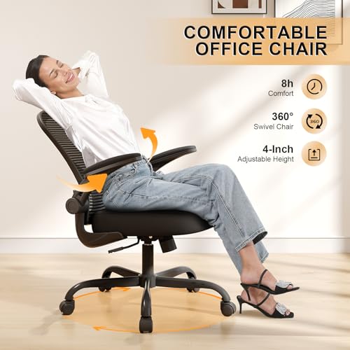Synorla Ergonomic Office Chair with Flip-Up Armrests, Lumbar Support, 330 lbs, Black (Standard)