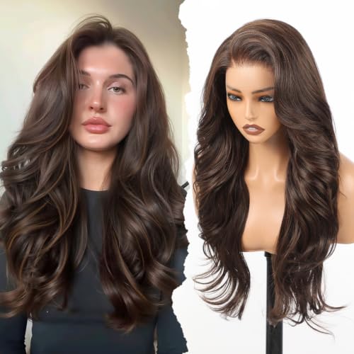 24 Inch Brown Lace Front Wig for Women HD Glueless Pre-Plucked Synthetic Hair