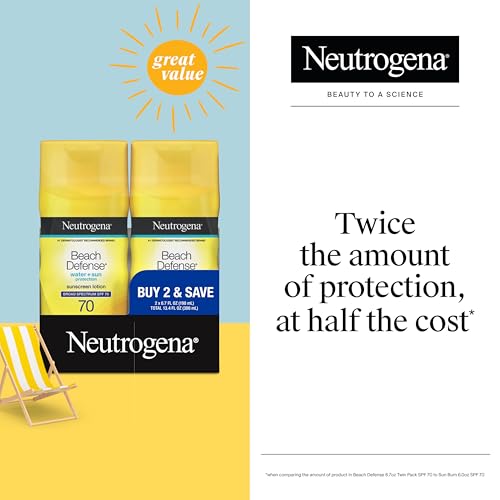 Neutrogena Sunscreen Lotion Beach Defense SPF 70, Face and Body Sunscreen, Hawaii Reef Act 104 Compliant, Octinoxate & Oxybenzone Free, Oil Free, Fast Absorbing Sun Care, 6.7 fl oz, Twin Pack