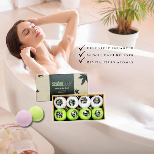 Hemp Bath Bombs Set for Muscle Relaxation & Stress Relief - 8 Large Vegan Fizzy Spa Gifts
