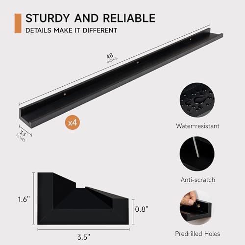 Floating Picture Ledge Shelf Set of 4 - 48 Inch Wall Mount Book & Photo Display, Black Variation of THIS listing