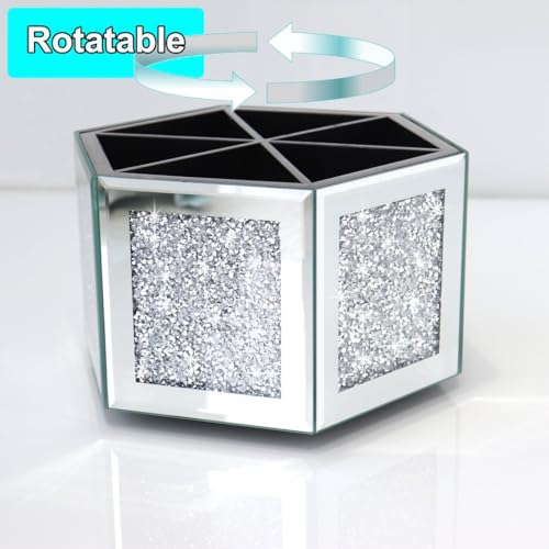 Rotatable Multifunctional Jewelry Utensil Holder Hexagon Jewelry Make up Organizer Cups Crush Diamond Mirror Decor, brush/office pen cup holder Eyeliners Display Case for Vanity