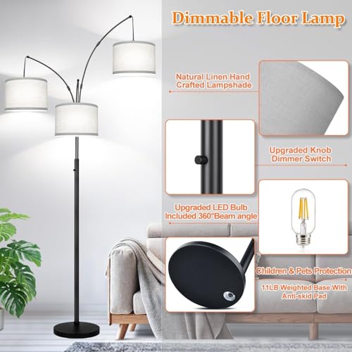 Dimmable Arc Floor Lamp with Grey Linen Shades - Matte Black Metal Finish, 3 Lights, Tall Standing Tree Design