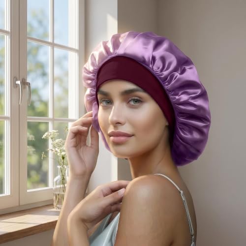 SereLune Purple Double Layer Mulberry Silk Sleep Bonnet for Long Hair, Soft Elastic Band