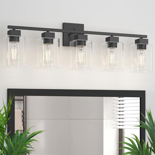 Espird Black 5-Light Bathroom Vanity Light with Square Glass Shades - 31 Inch Matte Black Fixture Over Mirror for Bathroom & Living Room - UL Certified