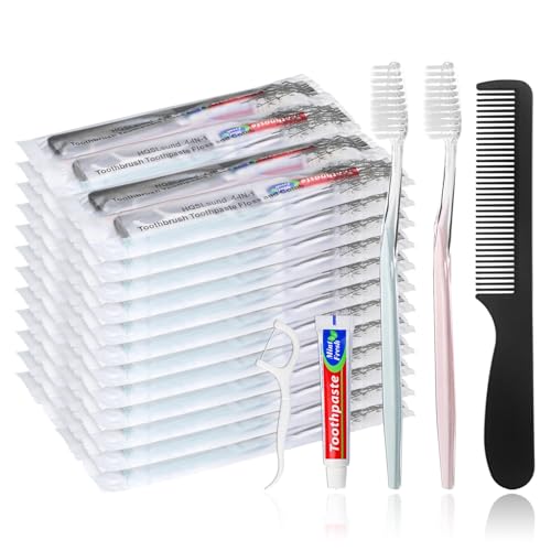 50 Pack 4-in-1 Disposable Toothbrush Set with Toothpaste, Comb & Floss - Travel Oral Care