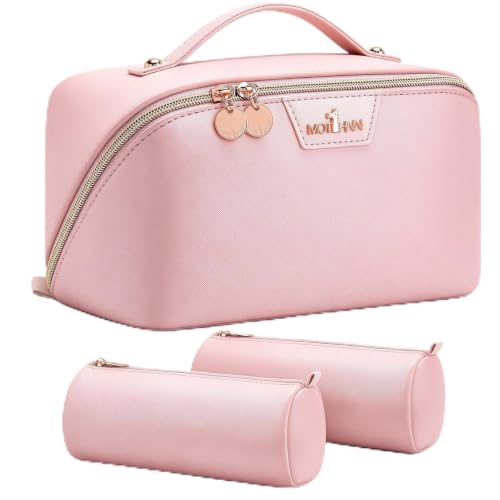 Travel Makeup Bag Organizer for Women with Detachable Pouches, Water-Resistant Leather