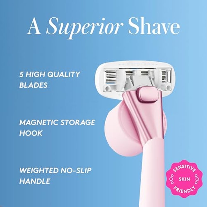 Athena Club Women¡¯s Razor Kit, 5-Blade Cartridge Razor for Sensitive Skin, Serum-Infused Blades with Shea Butter and Hyaluronic Acid, Includes Handle, 5 Refills and Magnetic Shower Hook - Rose