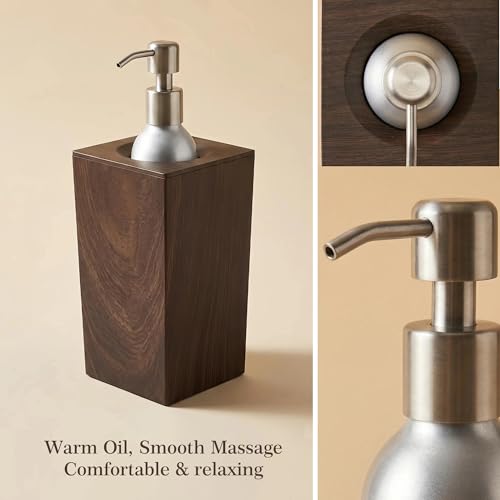 Square Massage Oil Warmer - Leak-Proof Aluminum Bottle, 8.5 Fl.Oz, 140°F Max - Modern Wood-Grain Design for Spa & Salon