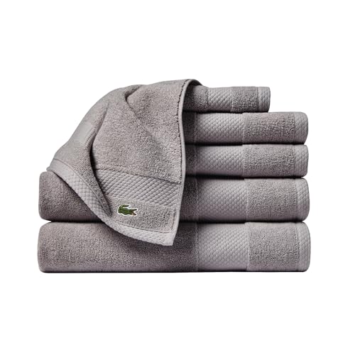 Lacoste Heritage Supima Cotton 6-Piece Towel Set, 2 Bath Towels, 2 Hand Towels, 2 Washcloths, Meteorite ? Highly Absorbent & Quick Drying, Bathroom Essential, Machine Washable