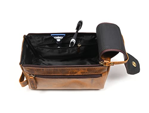 Leather Toiletry Bag for Men 9 Inch Raven Tan Travel Organizer Waterproof Lining