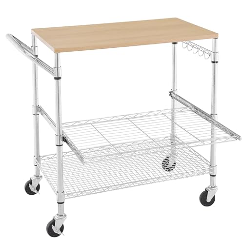 3-Tier Rolling Kitchen Cart with Wood Top and Slider Shelf - 35.4"L x 18.1"W x 31.9"H, Metal & Wood, Chrome Finish