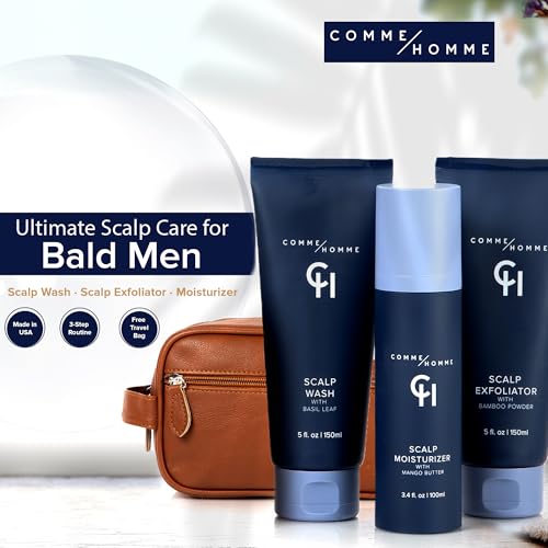 Comme Homme Bald Head Care Kit with Wash, Exfoliator, Moisturizer, & Bag
