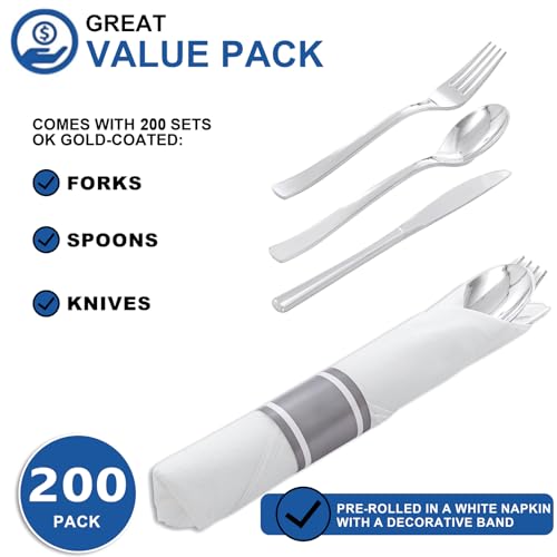 200 Pack Silver Disposable Cutlery Set with Napkins - Heavy Duty, Wedding & Party Utensils - Joyido