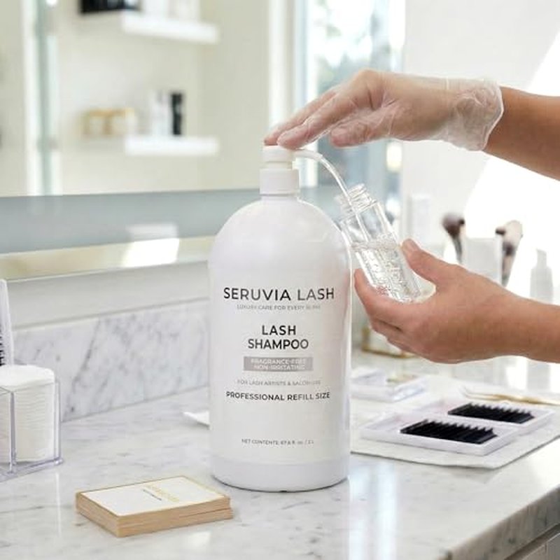 2L Lash Shampoo Bulk Refill Kit, Eyelash Cleanser for Extensions & Safe Makeup Remover, Oil-Free Lash Wash for Sensitive Eyes with 4 Bottles, 12 Brushes & 22 Cards, Salon & Home Use