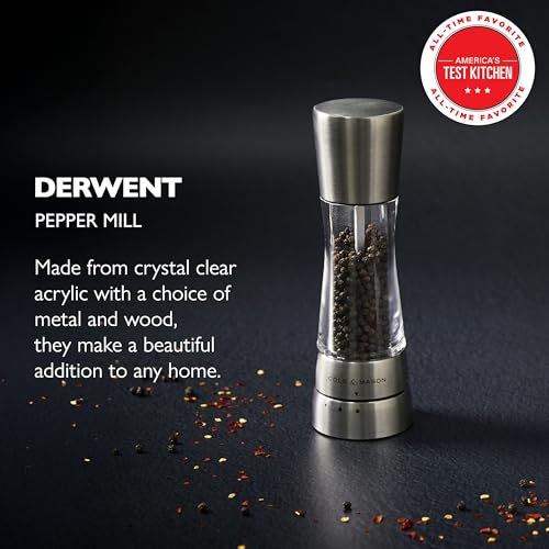 Stainless Steel Pepper Mill - 7.5-Inch Adjustable Spice Grinder by Cole & Mason - Derwent Series
