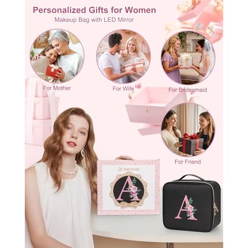 Relavel Initial Makeup Bag with LED Mirror for Women, Personalized Travel Cosmetic Organizer Train Case, Birthday Gifts for Teens Girls Grandkids Graduation Teacher Friends, Trendy Stuff, Black A