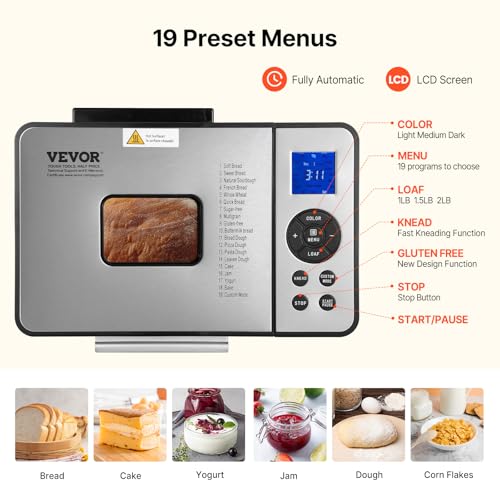 Silver VEVOR Bread Maker 19-in-1 2LB Dough Machine with Ceramic Pan & Gluten-Free Setting