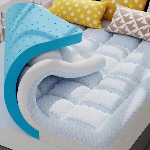 Full Size Cooling Gel Memory Foam Mattress Topper - White, 4 Inch Dual Layer for Back Pain & Hot Sleepers
