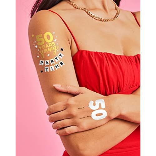 xo, Fetti 50th Birthday Party Decorations 50 and Fabulous Temporary Tattoos - 38 styles | Gold + Silver Foil Fifty Birthday Gift, Birthday Girl
