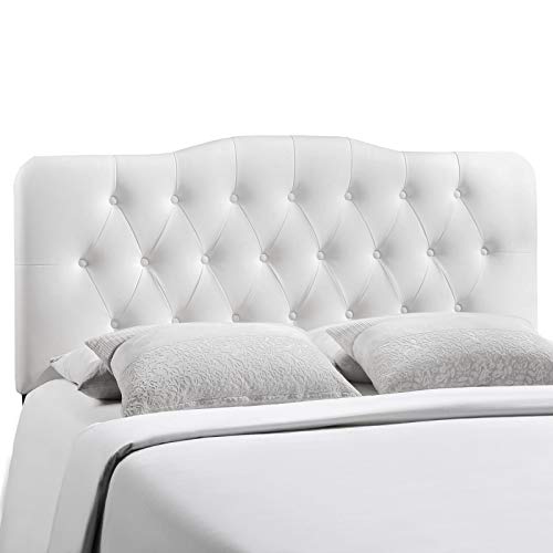 Full Headboard with Tufted Button Design - Faux Leather Upholstered Bed Frame in White