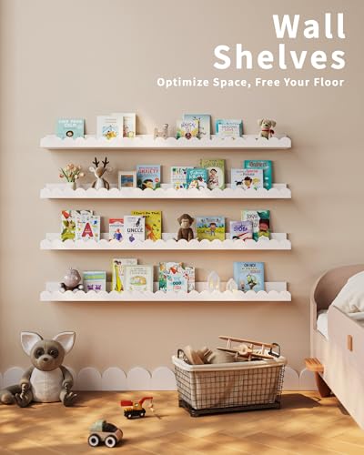 White Nursery Book Shelves 36 Inches - Set of 4 Floating Wall Shelves for Kids Room