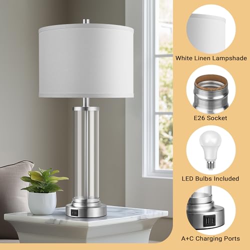 Glass Table Lamps Set of 2 - Modern Silver Dimmable Bedside Lamps with USB Ports