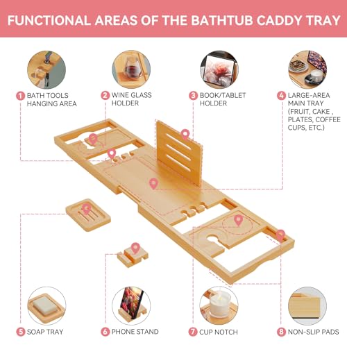 Wooden Bathtub Caddy Tray with Adjustable Slots for Wine Phone Candle Spa