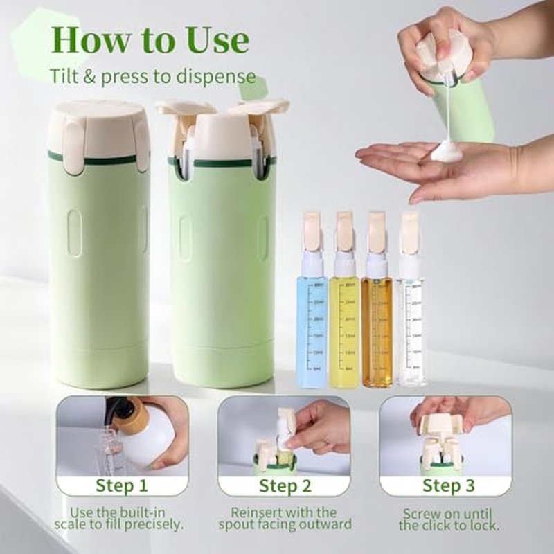 4-in-1 Travel Dispenser Bottle, Portable Cosmetic Dispenser Containers for Shampoo Lotion Conditioner Cream, Leak Proof Travel Dispenser, 30ML, Green