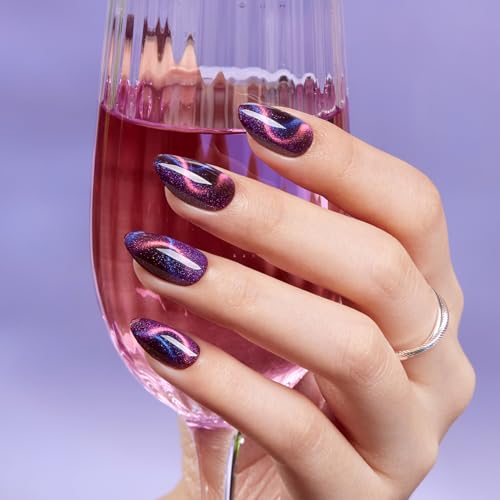 Short Almond Cat Eye Dark Purple Shimmer Nails Kit with Variation 04-Interstellar